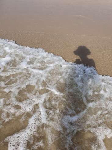 Las suaves olas del mar bañan la orilla arenosa. La sombra de una persona con sombrero se proyecta sobre la arena mojada, captando un sereno momento playero. Ambiente apacible.
