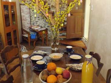The image depicts a dining room table set with dishes, a bowl of fruit, and a vase of yellow flowers, with a stone wall and wooden furniture in the background.