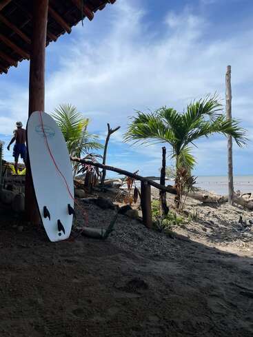 Une planche de surf est adossée à un poteau en bois sous une cabane ombragée. Les palmiers, la plage de sable et le ciel bleu créent une scène côtière tropicale et relaxante. Un homme se tient à proximité.