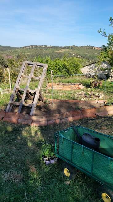 A garden with raised beds, a wooden trellis, green cart, watering can, and seedlings. Surrounded by greenery, hills, and blue sky in the background.