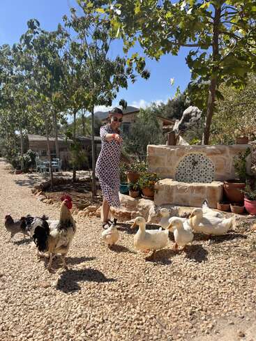 A woman in a patterned dress stands outdoors, surrounded by ducks and chickens on a sunny day, with trees, stonework, and potted plants in the background.