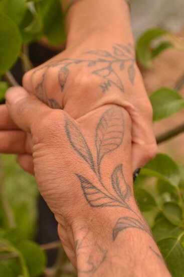 Two tattooed hands, each adorned with delicate botanical designs, gently hold each other. The background is blurred greenery, highlighting connection and natural elements.