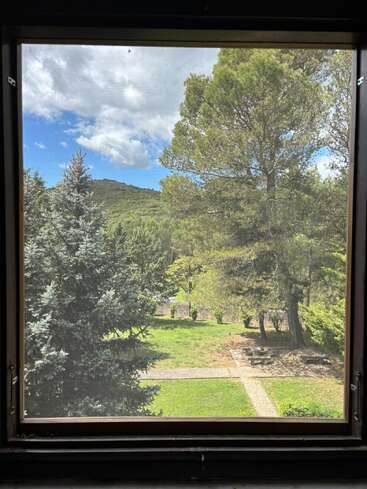 Through the window, vibrant green trees, a grassy yard, and distant rolling hills meet a blue sky adorned with fluffy clouds, creating a peaceful natural scene.