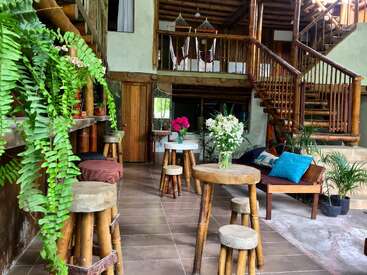 L'image représente une pièce spacieuse avec un escalier, des meubles en bois, des plantes et un balcon avec des hamacs, le tout dégageant une atmosphère naturelle et confortable.