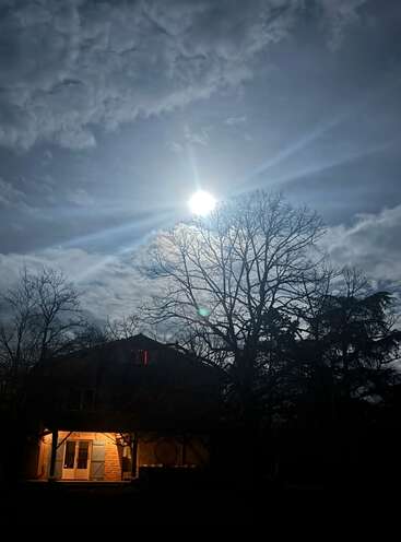 A house glows warmly at night beneath a bright moon. Bare tree branches silhouette against a cloudy sky, creating a peaceful, slightly mysterious atmosphere.