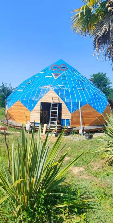 Una casa con cúpula geodésica en construcción con lonas azules y paneles de madera. Una escalera se apoya en la entrada, rodeada de plantas verdes y un cielo azul claro.