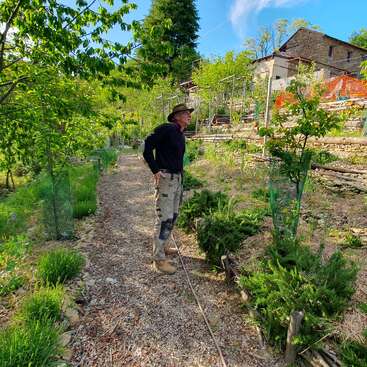 The image depicts a man standing on a gravel path in a garden, surrounded by trees and plants, with a house in the background and a blue sky above.