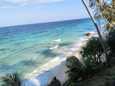 Cette image montre une magnifique plage tropicale avec des vagues turquoise, du sable blanc, des affleurements rocheux et des palmiers penchés sous un ciel bleu - une scène paradisiaque parfaite.