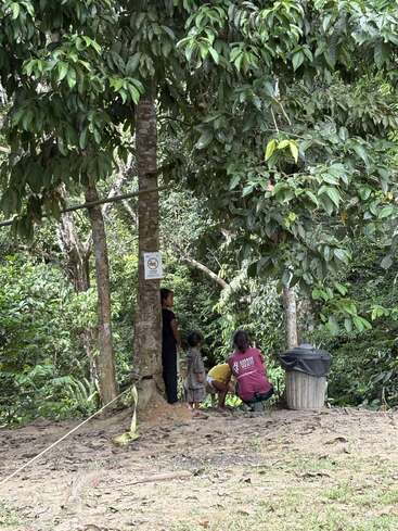 Four people, including two children, are gathered in a lush, green forest. One adult wears a maroon shirt. A trash bin and a warning sign are visible.