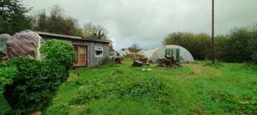Une cabane rustique en bois et un grand polytunnel se trouvent sur un terrain herbeux luxuriant et envahi par la végétation, avec des tas de bois éparpillés, sous un ciel nuageux et couvert. Scène rurale.