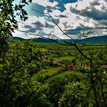 Das Bild zeigt eine ruhige Landschaft mit einem kleinen Dorf inmitten von üppigem Grün, mit sanften Hügeln und einem wolkenverhangenen Himmel im Hintergrund.