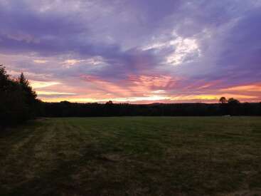 A beautiful sunset lights up the sky with vibrant purples, pinks, and oranges above a peaceful, open grassy field bordered by distant trees and hills.