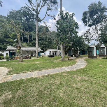 Uma área externa tranquila com grama verde, árvores altas e pequenos edifícios modernos. Um caminho sinuoso de pedra leva você pela paisagem sob um céu parcialmente nublado.