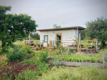 A small, rustic house sits in a lush, green garden with flowers, trees, and vegetable beds. Outdoor furniture and plants decorate the cozy porch area.