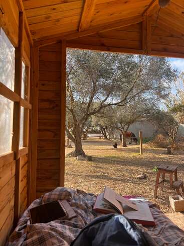Uma cabana de madeira aconchegante, com uma cama onde há um livro aberto e um tablet, com vista para um quintal ensolarado com árvores, galinhas, um cavalo e móveis rústicos de jardim.