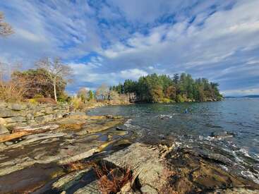 A rocky shoreline meets clear blue water under a dramatic sky. Evergreen trees line the coast, while sunlight highlights the natural beauty of this peaceful scene.