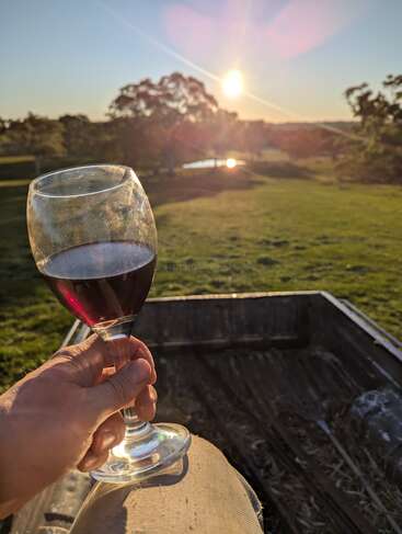 Eine Person hält ein Glas Rotwein in der Hand, während die Sonne untergeht. Sie sitzt auf einer rustikalen Pritsche und blickt auf grüne Felder, Bäume und einen spiegelnden Teich.