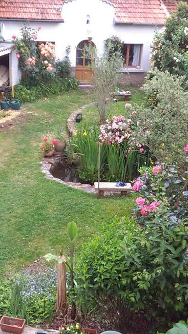 Un charmant jardin avec une pelouse verdoyante, des fleurs aux couleurs vives, un petit étang, un sentier pavé et, en arrière-plan, une maison accueillante au toit de tuiles rouges.