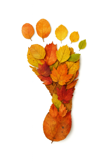 Cette image montre une empreinte de pas faite de feuilles d'automne colorées, disposées artistiquement sur un fond blanc, symbolisant la nature, la marche et les changements de saison.