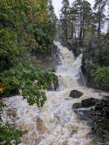 Une puissante cascade dégringole le long de falaises rocheuses, entourée d'une forêt dense et verdoyante. L'eau écumante s'écrase sur les rochers, créant une scène naturelle spectaculaire.