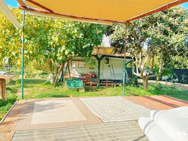 Um ambiente externo aconchegante apresenta um deck sombreado com tapetes, árvores e uma caravana branca. As almofadas coloridas e a luz natural do sol criam um espaço convidativo e relaxante.