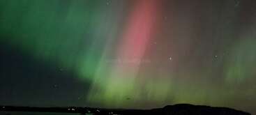 The image shows a stunning aurora borealis display at night, with vibrant green and pink lights dancing across a dark sky, above a silhouetted landscape and water.