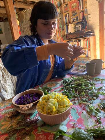 Una mujer está sentada en una mesa colorida, clasificando hierbas frescas y flores en una habitación acogedora y rústica llena de libros, luz natural y una decoración cálida y atractiva.