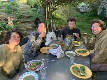 Cuatro amigos y un perro blanco y esponjoso disfrutan juntos de una comida al aire libre en una mesa de jardín, rodeados de vegetación y sol, compartiendo risas y comida deliciosa.