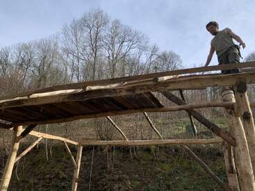 Una persona está de pie sobre una estructura rústica de madera, rodeada de árboles desnudos y un cielo despejado. La escena sugiere una construcción o un trabajo al aire libre en un entorno natural.