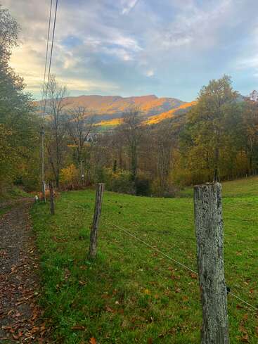 Un sendero cubierto de hierba discurre junto a una valla y conduce a un bosque otoñal lleno de color. Las montañas al fondo están bañadas por la cálida luz del sol del atardecer bajo un cielo espectacular.