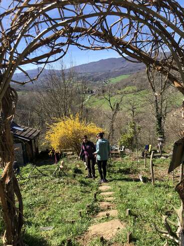 Dos personas caminan por un sendero de piedra bajo un arco de ramas entrelazadas, rodeadas de exuberante vegetación, arbustos amarillos en flor, colinas lejanas y un tranquilo paisaje rural.