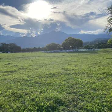 A lush green field stretches toward a distant white fence and trees, with dramatic mountains and a bright sun illuminated by striking, cloudy skies overhead.