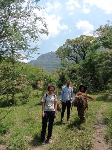 Three people stand on a lush, green forest path surrounded by trees and mountains. Two carry bundles of grass, while one smiles toward the camera.