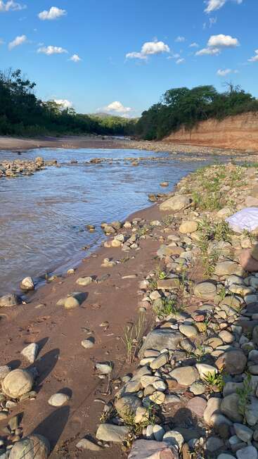 Ein ruhiger Fluss fließt zwischen felsigen Ufern und spärlicher Vegetation. Bäume säumen den Horizont unter einem strahlend blauen Himmel, der mit weißen Wolken übersät ist. Eine friedliche Szene.