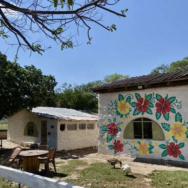 Two rustic white houses with painted floral murals stand under a clear blue sky. Outdoor chairs surround a table, while ducks walk on grassy ground nearby.