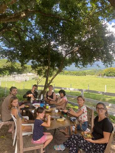 A group of people, including adults and children, enjoy a meal outdoors under a large tree by a wooden table, surrounded by green pastures and fences.