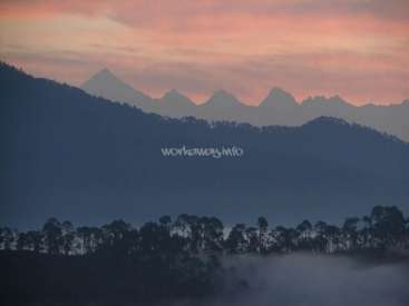 A imagem retrata uma serena cadeia de montanhas ao pôr do sol, com uma floresta em primeiro plano e um céu rosa acima. As montanhas estão envoltas em névoa.