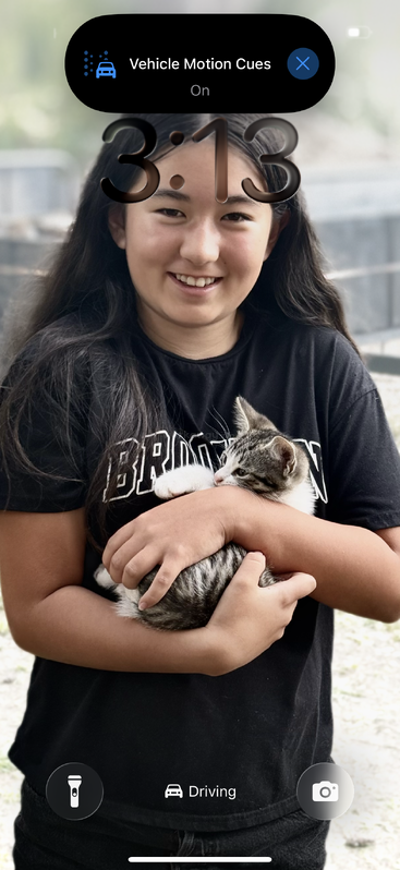 Una niña sonriente, con el pelo largo y oscuro, sostiene en brazos a un gatito gris y blanco. Lleva una camiseta negra con la inscripción «Brooklyn». La interfaz de usuario de un smartphone se superpone a la imagen.