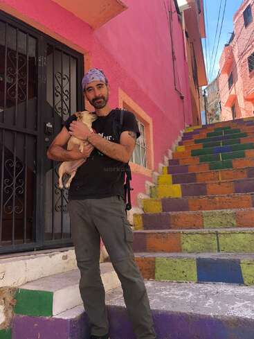 The image depicts a man standing on a vibrant staircase, cradling a small dog, with a pink building and a black gate serving as the backdrop.