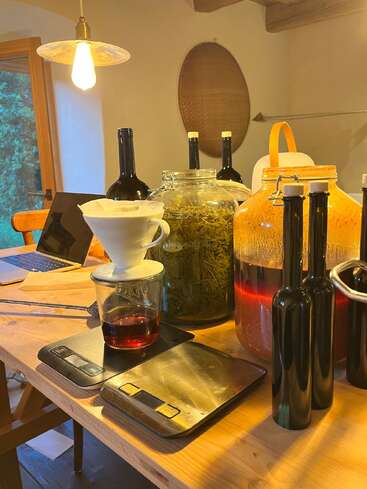 A cozy kitchen scene with bottles, jars of herbs, a digital scale, and brewing equipment on a wooden table under warm lighting, suggesting homemade beverage preparation.