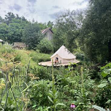 The image depicts a serene garden scene with a white tent, surrounded by lush greenery and a rustic wooden building in the background.