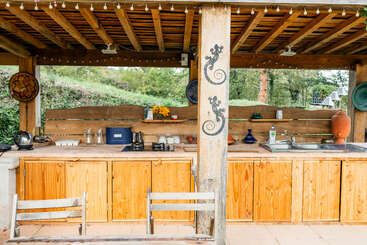 This image shows a rustic outdoor kitchen with wooden cabinets, a sink, and various kitchenware. Decorative plates, lights, and painted lizards add charm and character.