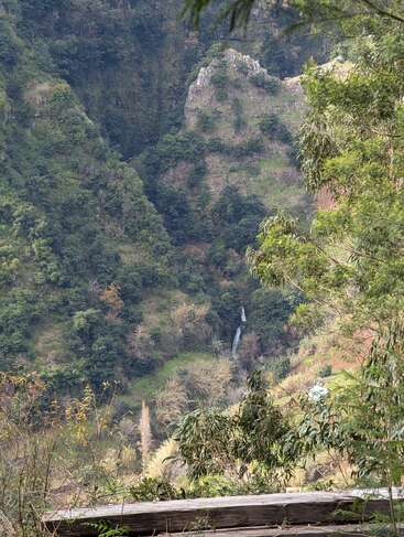 Un valle frondoso y verde con acantilados rocosos y árboles densos. Una pequeña cascada cae en cascada en la distancia. Un banco de madera y ramas frondosas enmarcan el primer plano.