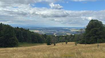Um vasto campo gramado se estende entre densas florestas verdes sob um céu parcialmente nublado. Ao longe, você pode ver uma cidade e fazendas, cercadas por montanhas.