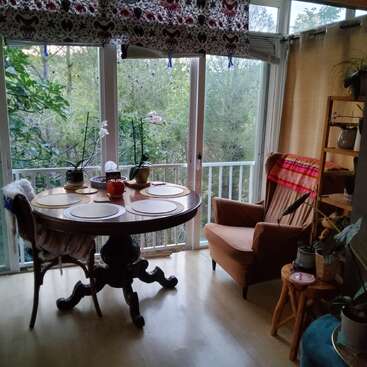 Un acogedor rincón comedor con una mesa redonda de madera, cuatro manteles individuales, orquídeas en macetas, una silla tapizada, estanterías y grandes ventanas con vistas a frondosos árboles verdes.