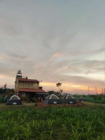 In the image, a house stands beside multiple camping tents on a grassy field at sunset, with crops growing in the foreground and a colorful sky above.