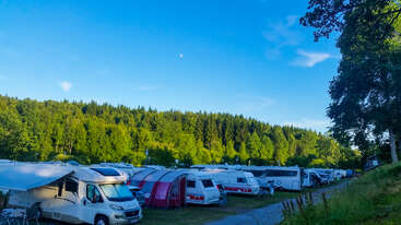 Unter strahlend blauem Himmel steht eine Reihe von Wohnmobilen und Wohnwagen auf einer Wiese in der Nähe eines Waldes, während helles Sonnenlicht alles erhellt.