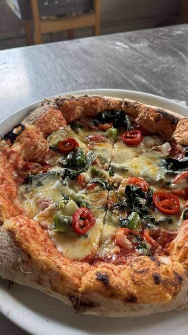Um close-up de uma deliciosa pizza assada no forno a lenha, coberta com queijo derretido, tomates, verduras folhosas e pimentão vermelho fatiado em um prato branco, pronta para comer.
