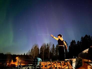 Uma criança está em cima de uma pilha de lenha, apontando para a aurora boreal brilhando no céu noturno. As árvores da floresta e as casas ao longe contribuem para a atmosfera mágica.