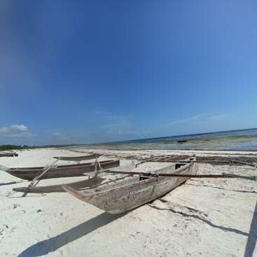 The image depicts a serene beach scene with three wooden boats on the sand, set against a backdrop of a clear blue sky and calm ocean waters.